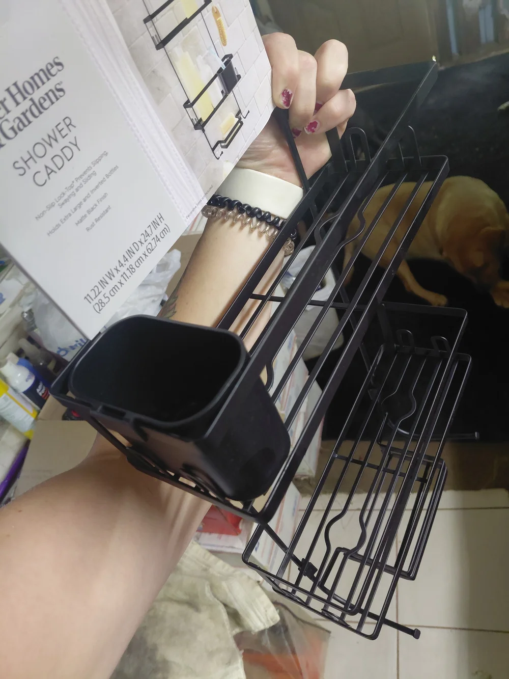 Better Homes & Gardens Lock-Top Hanging Shower Caddy in a modern matte black fin